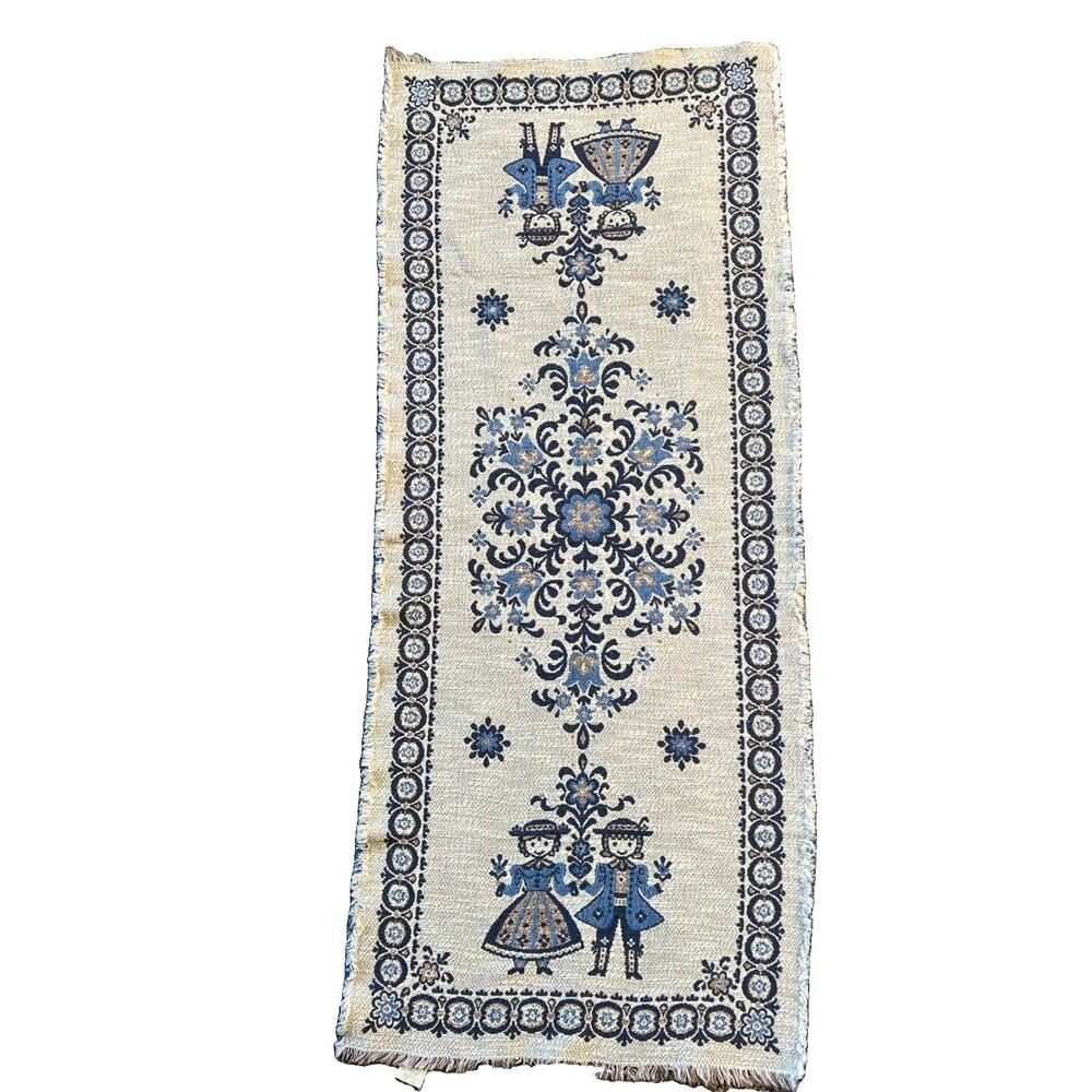 VTG Austrian Woven Table Runner Bavarian Dancer Cotton Linen Blue Cream Folk Art